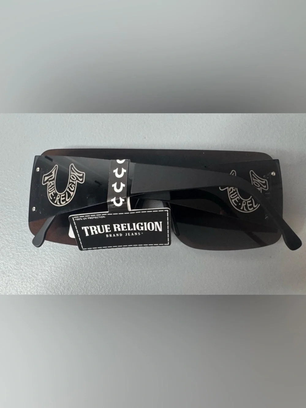 True Religion aviator Black Rimless Shield Sunglasses blue mirrored horseshoe